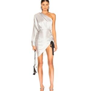 Retrofete Silver Silk Asymmetrical Ruched Neva Dress. Flaws. Party. Size XS
